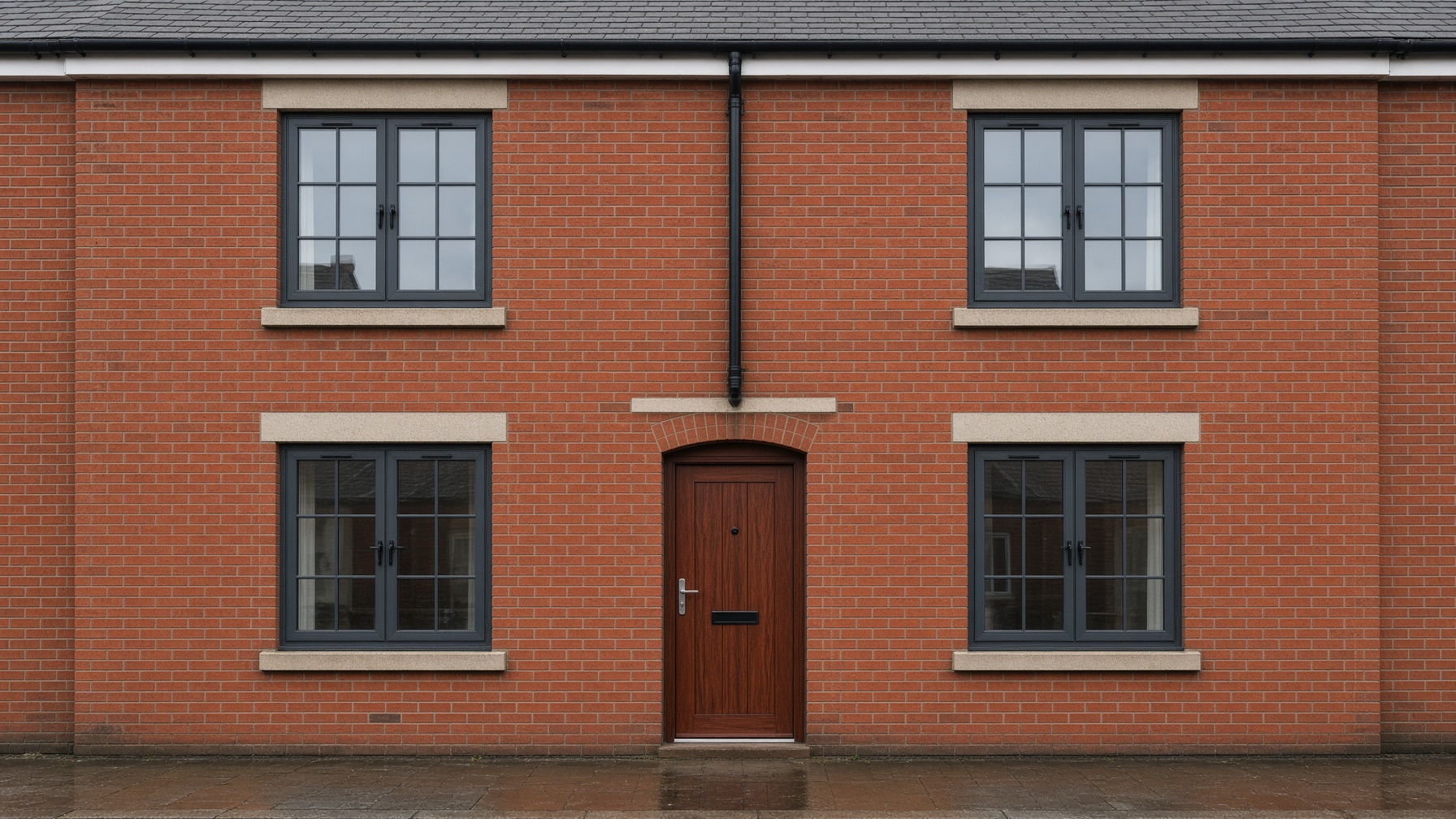 Red brick semi with anthracite windows and a rosewood door