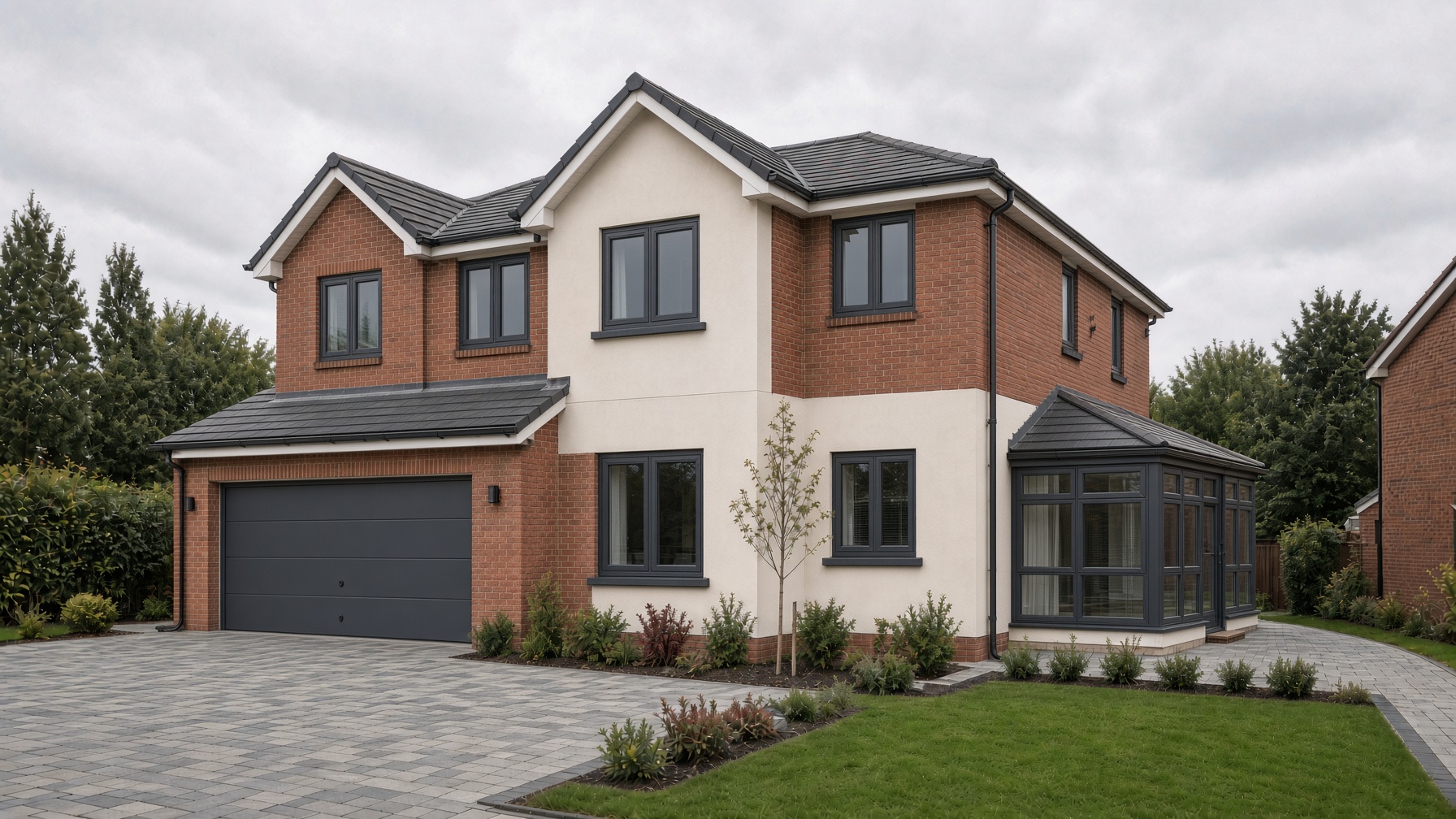 Modern Manchester house with anthracite windows, a tiled conservatory, new roofline and a sectional garage door